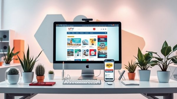 Illustration of finding online promo codes with computer and tags.