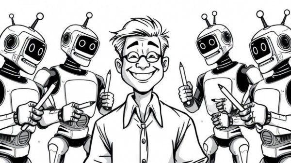 Humorous cartoon of man with robots holding pencils, AI tools theme.
