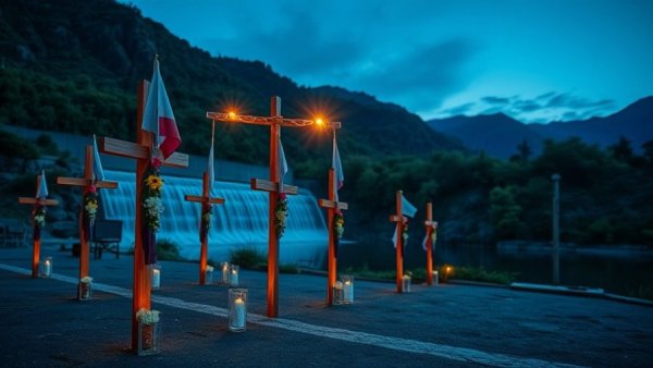 Kerr County flood victims vigil scene with crosses and flags at night.