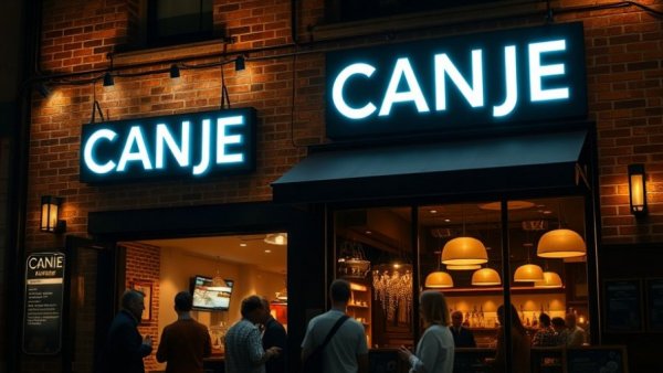 Warmly lit restaurant with guests outside and neon sign 'CANJE'