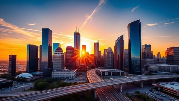 Houston skyline showcases modern skyscrapers reflecting sunset light in the vibrant cityscape.