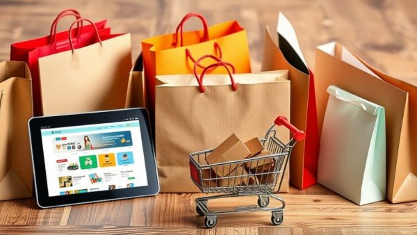 Online Shopping Franchise concept with tablets and shopping bags.