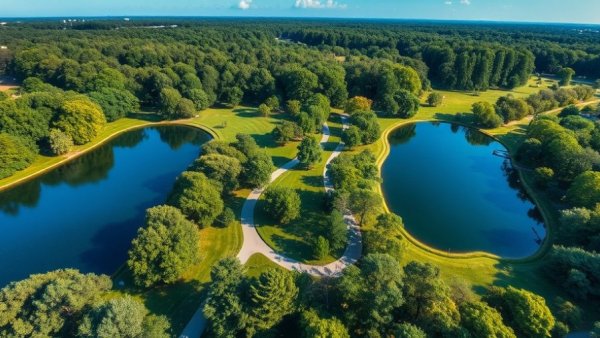Scenic park near lake in Texas with winding pathways.