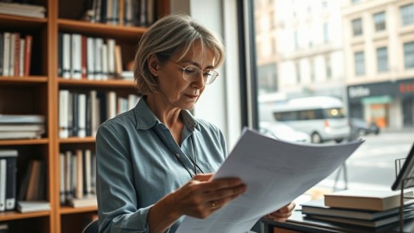 Woman conducting personal background check in office with documents.