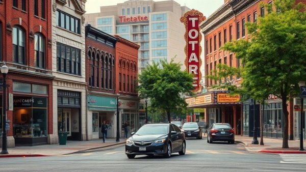 Downtown street view in Tyler, Texas with theater sign and stores.