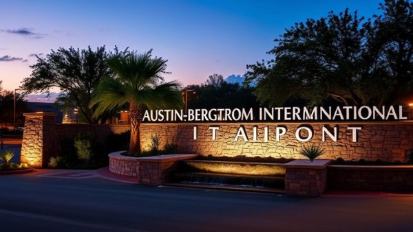 Austin-Bergstrom Airport entrance at night, stress-free travel atmosphere.