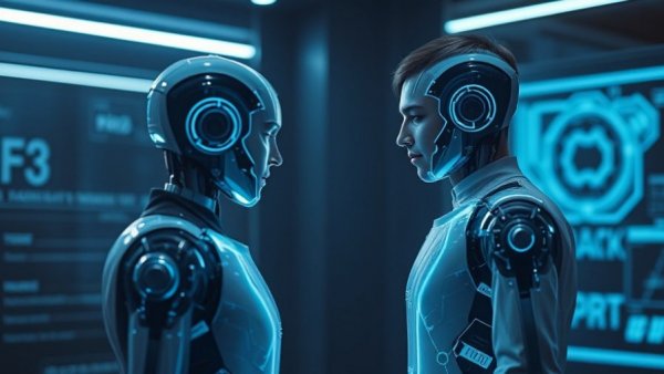 Futuristic digital robot interacting with a person in a high-tech room, AI tools for small businesses.