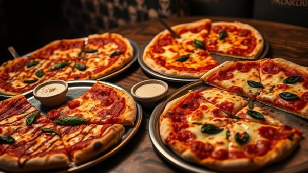 Sicilian-style pizza in Austin on trays, served with garnish and dip.