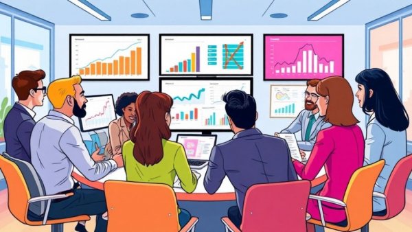 Team reviewing internal customer satisfaction surveys with charts.