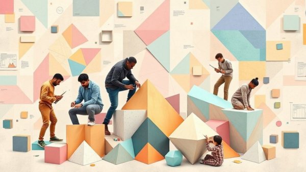 Abstract art of individuals with tools, symbolizing AI tools.