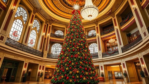 Hyatt Regency Hill Country Resort Holiday Events showcased by a grand Christmas tree in a luxurious lobby.