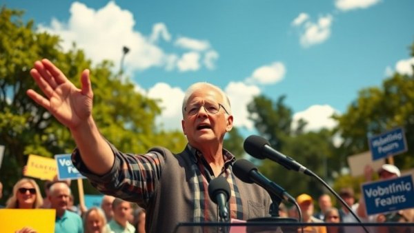 Marc Veasey speaks passionately at public rally, surrounded by attendees.