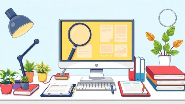 Background check subscription illustrated workspace with office tools.