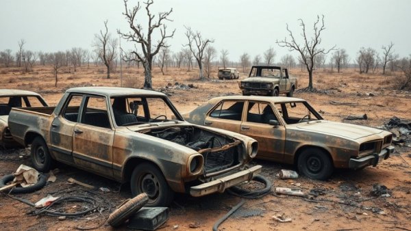 Aftermath of Texas wildfire with burnt vehicles, Xcel Energy.