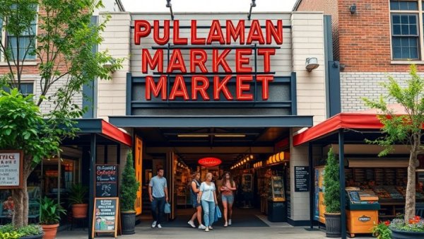 Charming San Antonio Pullman Market entrance with people entering.