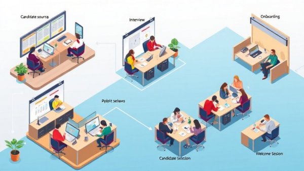 Illustrated recruitment workflow stages: sourcing, review, scheduling, selection, onboarding.