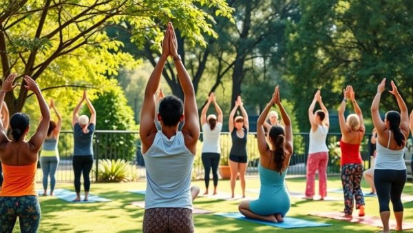 Austin Community yoga class in a sunny outdoor setting.