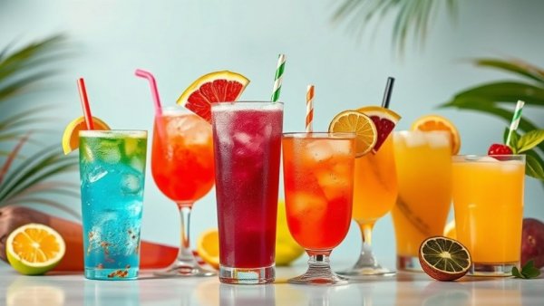 Variety of tropical drinks showcasing Austin Community Food News celebration.