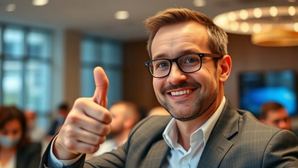 Man in suit gives thumbs up at conference highlighting ChatGPT mobile app $3 billion spending.