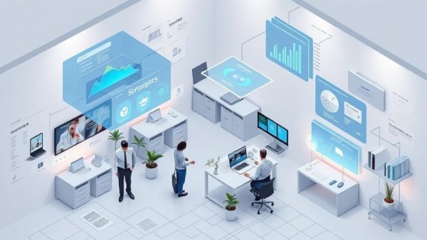 AI-powered small business office schematic with data overlays.