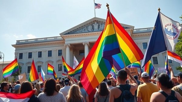 Protesters outside courthouse with flags discussing marriage rights.