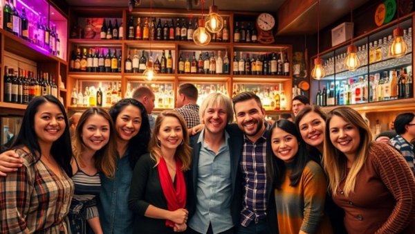 Austin Community group smiling in bar with colorful decor.
