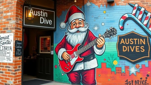 Street art mural of Santa playing guitar at Austin dive bar Christmas entrance.