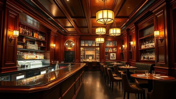 Upscale dining bar in Austin with elegant wooden interior.