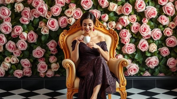 Austin Cat Cafe scene with elegant woman and cat, floral backdrop.