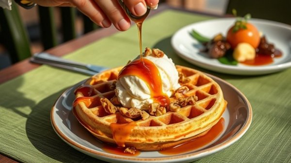 Poeta Italian Restaurant East Austin dessert with syrup being poured over a waffle.