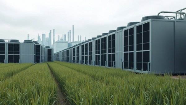 Data center with cooling units impacting rural community landscape.