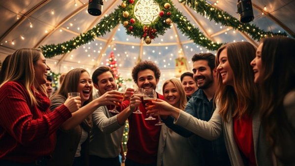 Lively Christmas celebration in Austin with festive decorations.