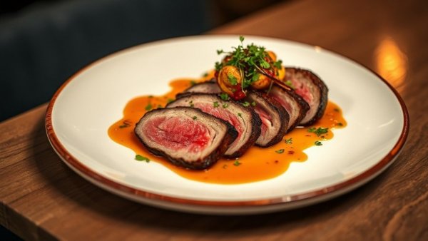 Gourmet dish in Austin restaurant features finely plated meat.