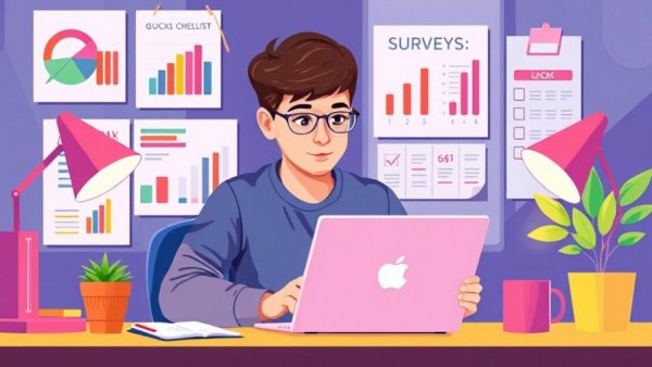 Illustration of workspace with charts and effective survey questions.