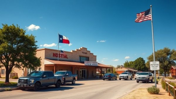 Texas Rural Health Care Funding: small town hospital with flags and cars