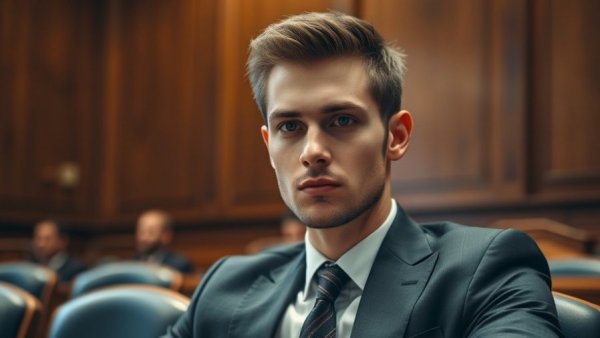 Young man in courtroom setting, serious expression, Austin Community police accountability.