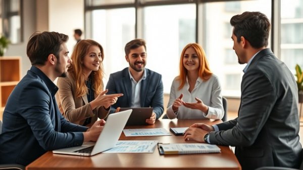Professionals discussing customer satisfaction survey results in a meeting.