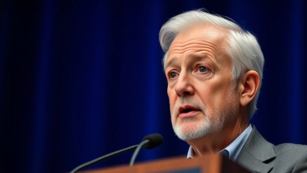 Older male in a suit speaking thoughtfully at a podium.