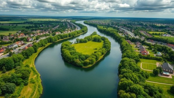 Aerial view capturing Austin's lush landscape and river in the community highlights.