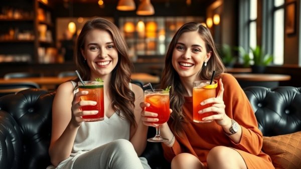 Two young women enjoying Dry January drinks in Austin cafe.