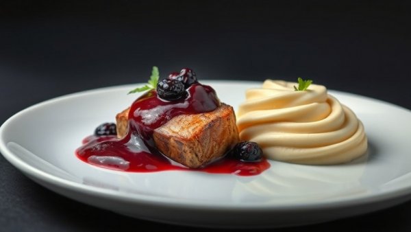 Gourmet dish at an Austin restaurant, rich berry sauce, creamy mash.