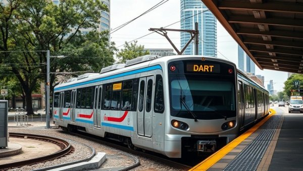 Dallas public transit DART train approaching a station in daylight.
