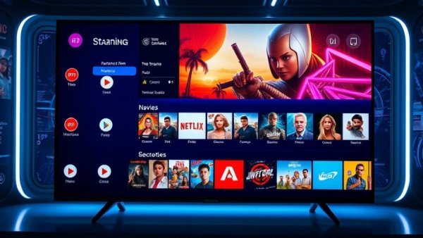 Innovative smart TV interface showcasing AI tools for enhancing TV experience with streaming services and movie options.
