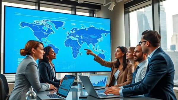 Business team discussing global paycheck trends with digital world map.