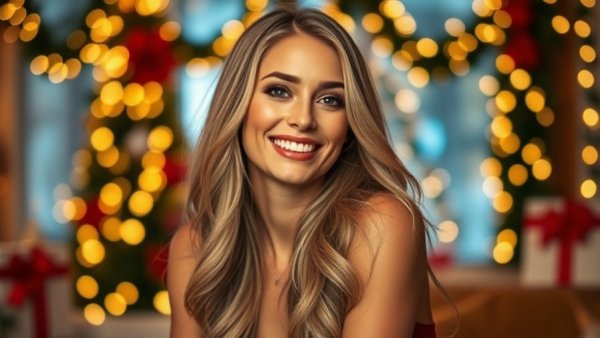 Elegant woman smiling warmly in a festive setting at Austin Community Music Festival.