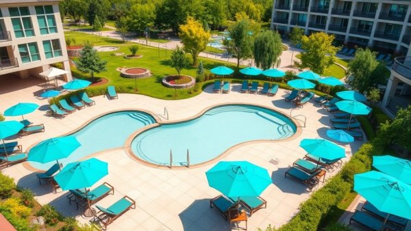 Modern New Caney amenity complex with poolside umbrellas and foliage.