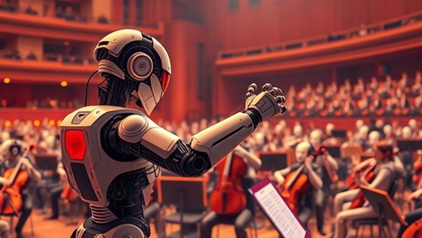 Futuristic robot conductor using AI tools to lead orchestra.