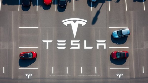 Tesla parking lot with multiple vehicles, highlighting Tesla Sales Drop.