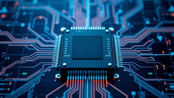 AI Tools for Small Business Texas showcasing a sleek microchip with digital network backdrop.