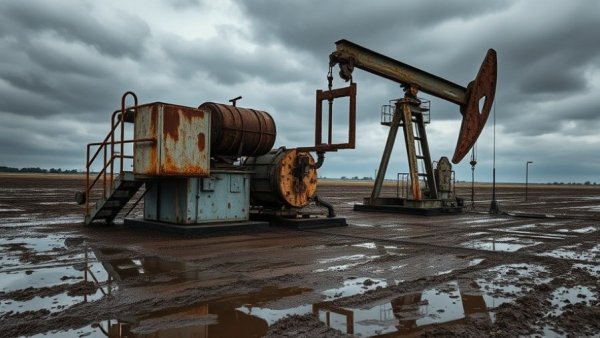 Old oil extraction equipment in Venezuela's oil field, overcast weather.